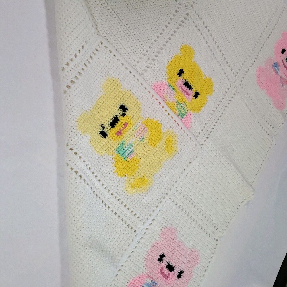 Handmade Teddy Bear Crochet‎ Baby Blanket Yellow Pink Crib Blanket 48" X 34"